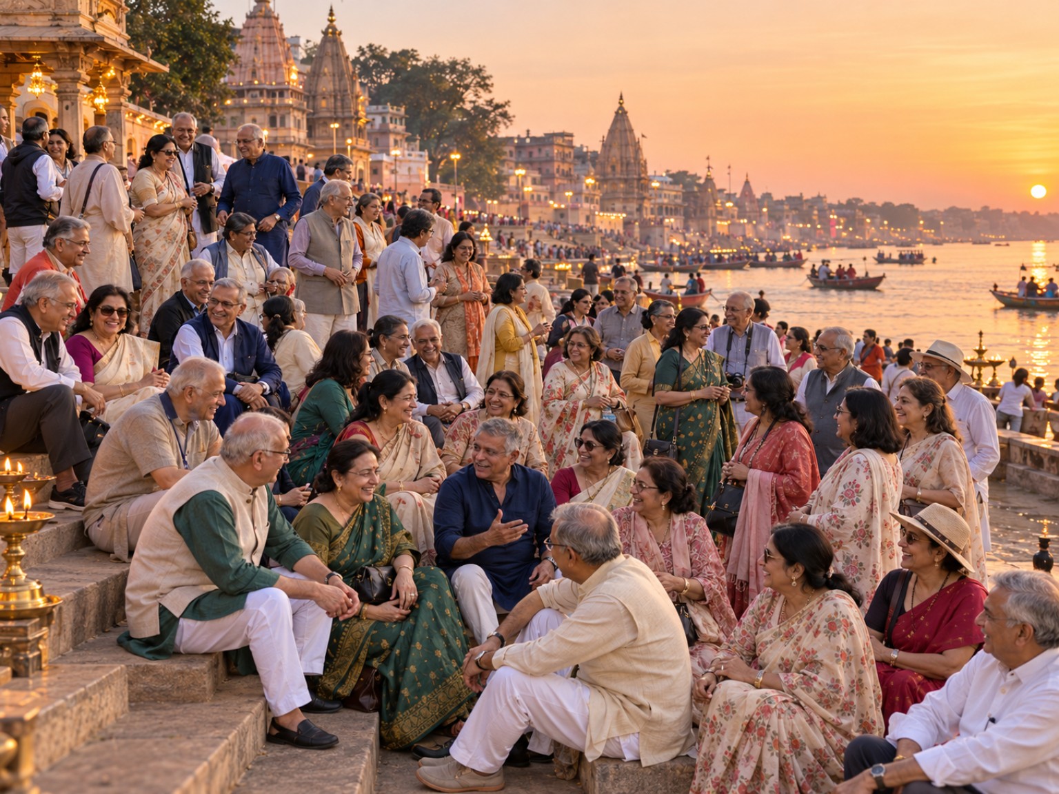 Indian friends sharing a relaxed moment at a river ghat near sunset