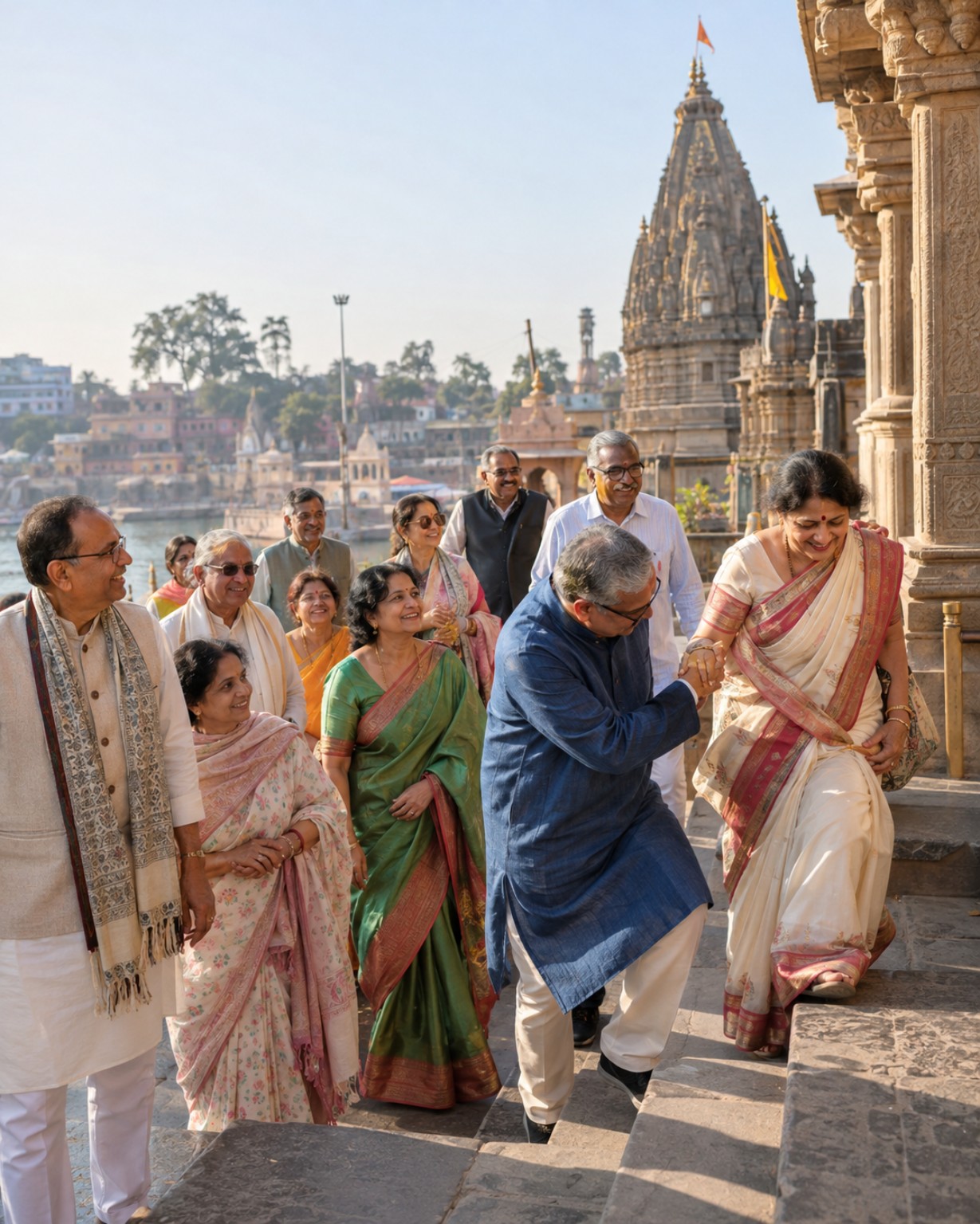 Travellers helping one another during the walk to a temple
