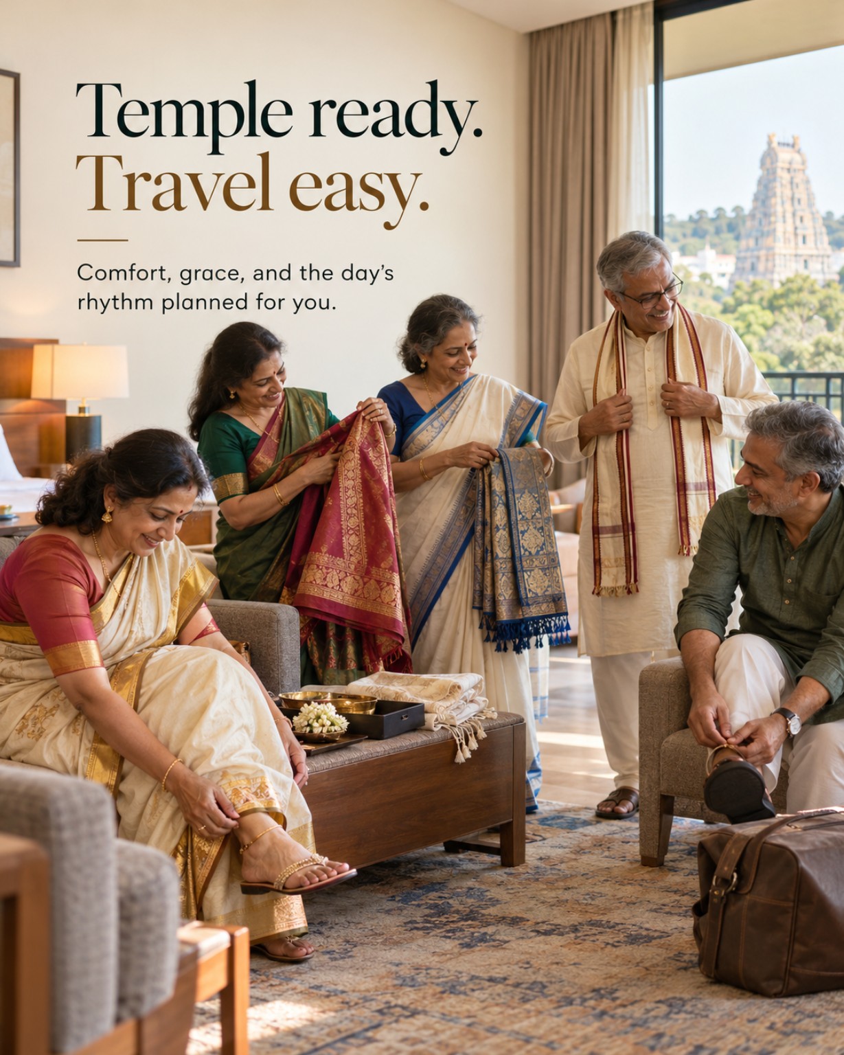 Indian friends choosing comfortable temple ready traditional outfits