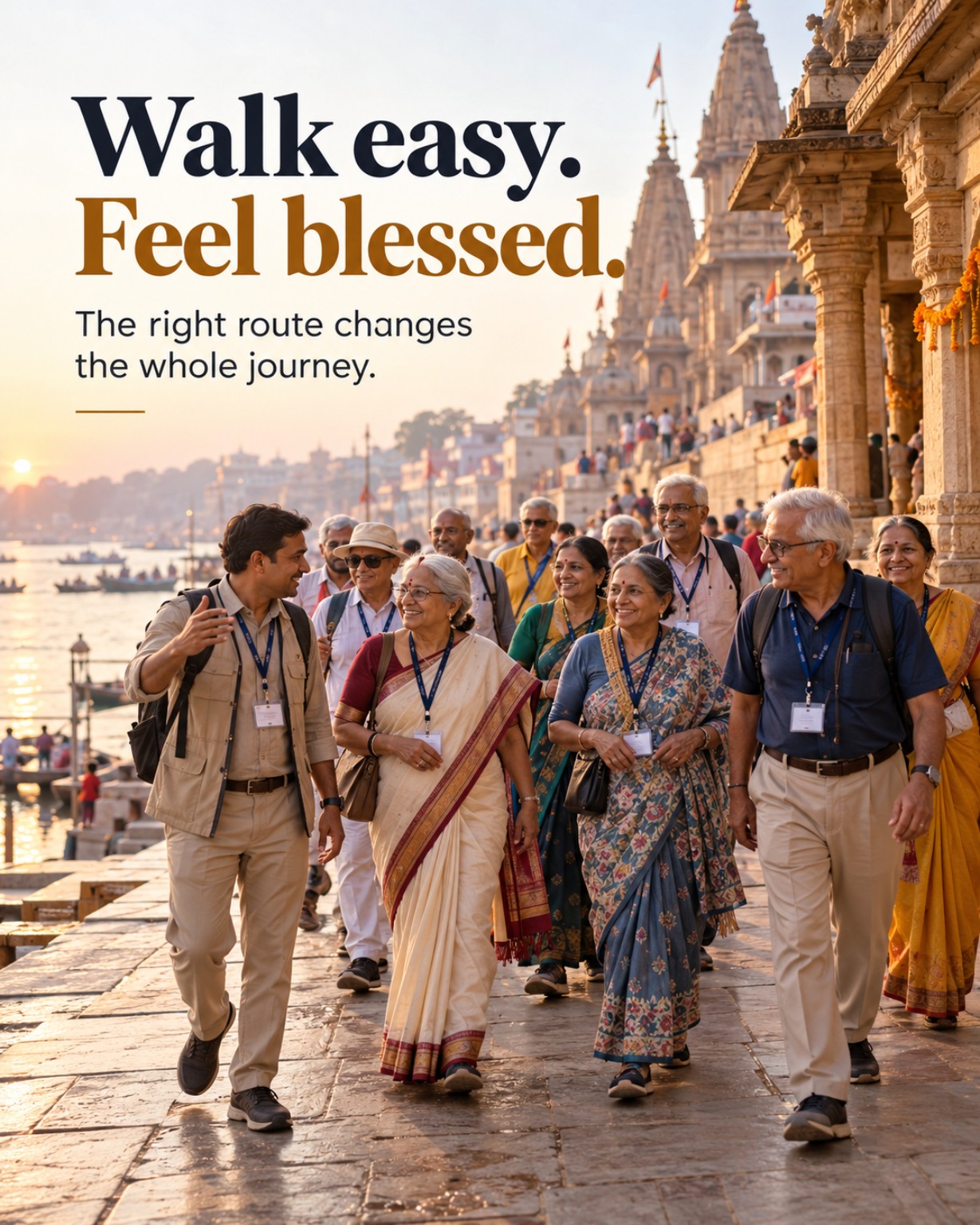 Mature Indian pilgrims walking together at a comfortable pace during Ujjain darshan