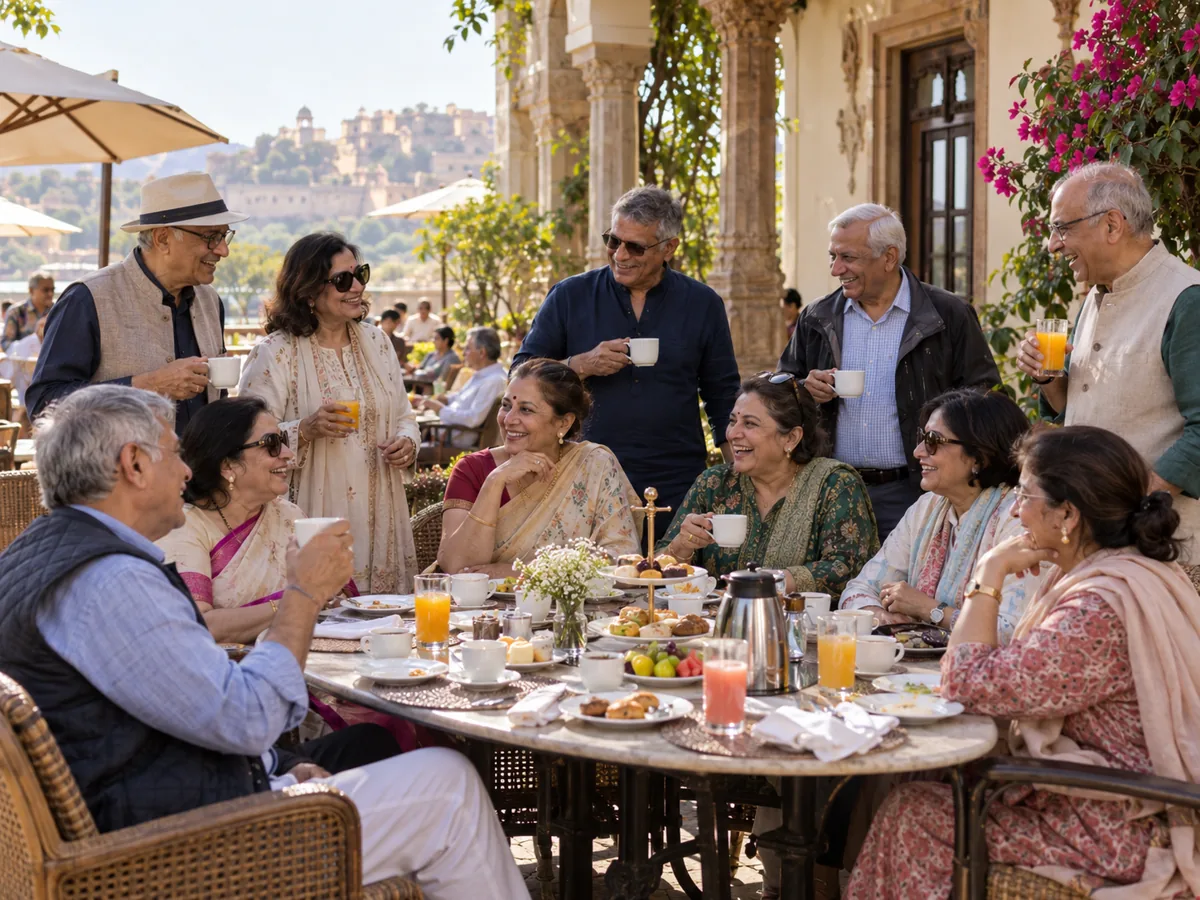 Friends enjoying breakfast together in a comfortable hotel