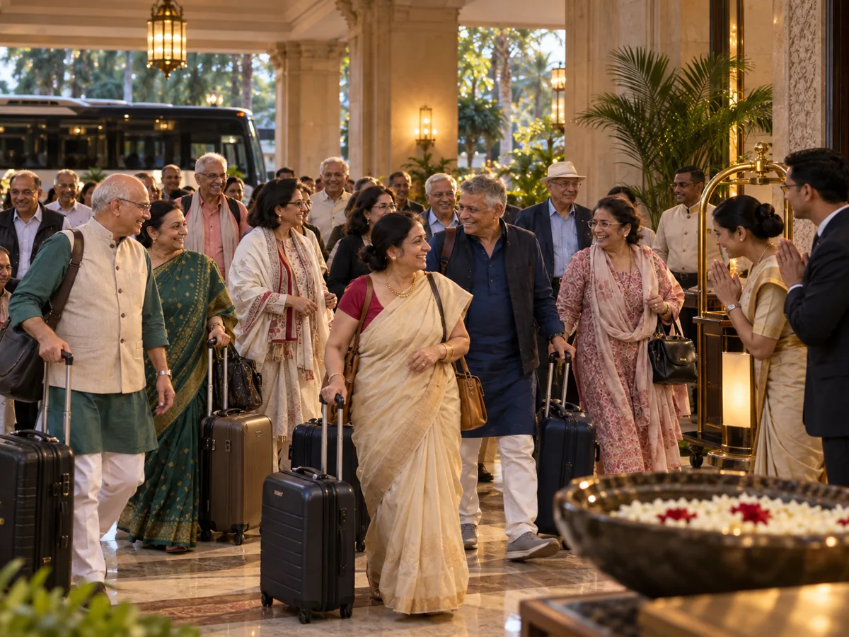 Indian travellers arriving together at a premium hotel