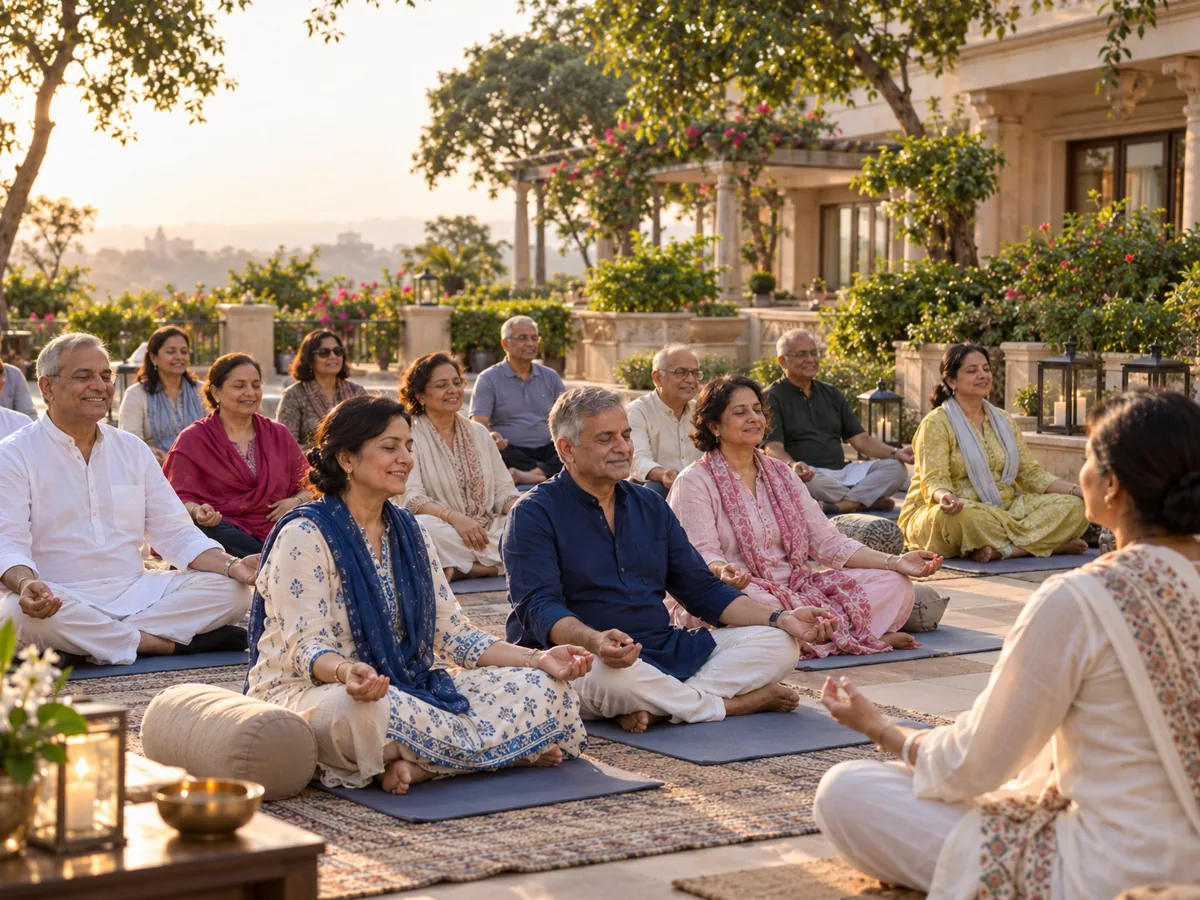 Indian travellers taking an optional gentle group meditation break