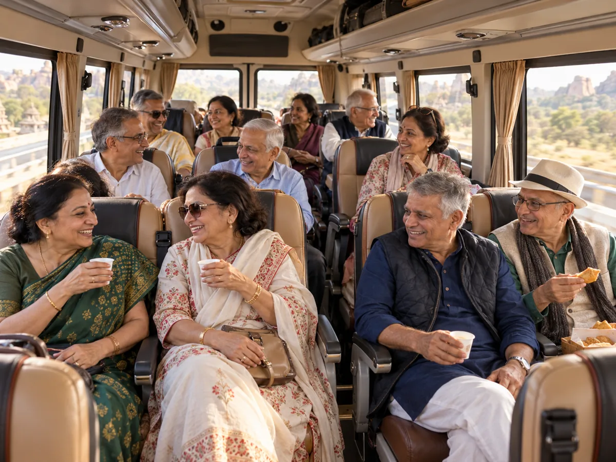 Group of Indian travellers enjoying comfortable bus travel