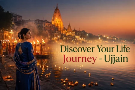 Indian woman overlooking an illuminated Ujjain ghat with the message Discover Your Life Journey Ujjain