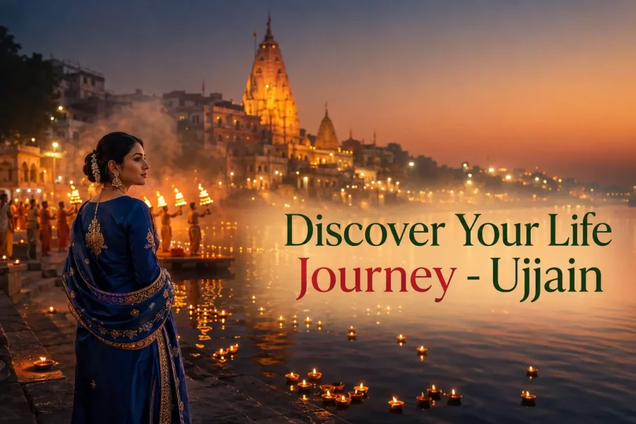 Indian woman overlooking an illuminated Ujjain ghat with the message Discover Your Life Journey Ujjain