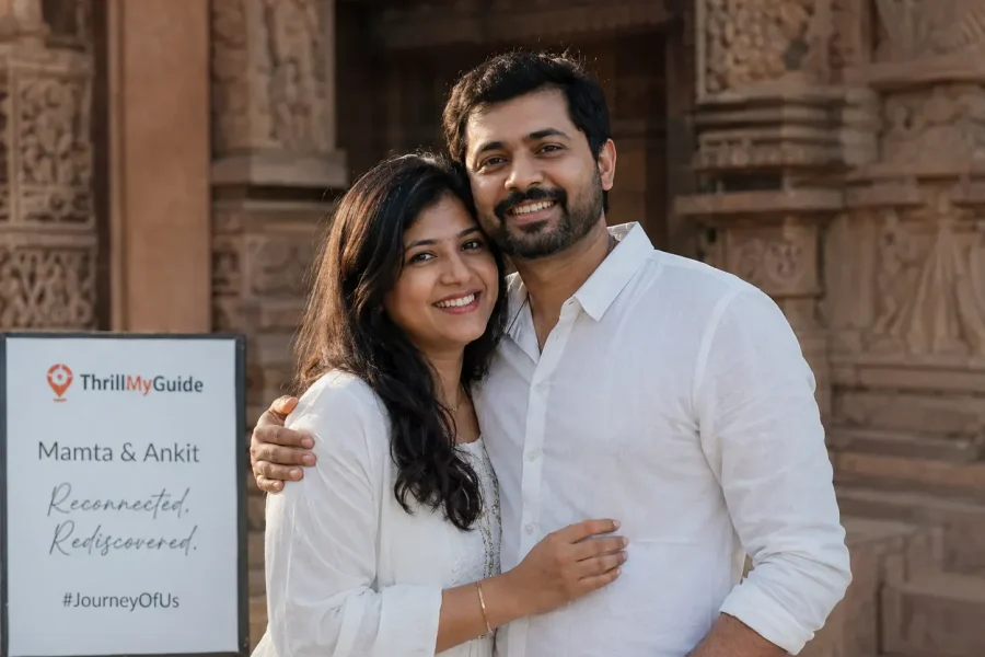 Indian couple sharing a meaningful relationship reconnection journey near a heritage temple in Ujjain