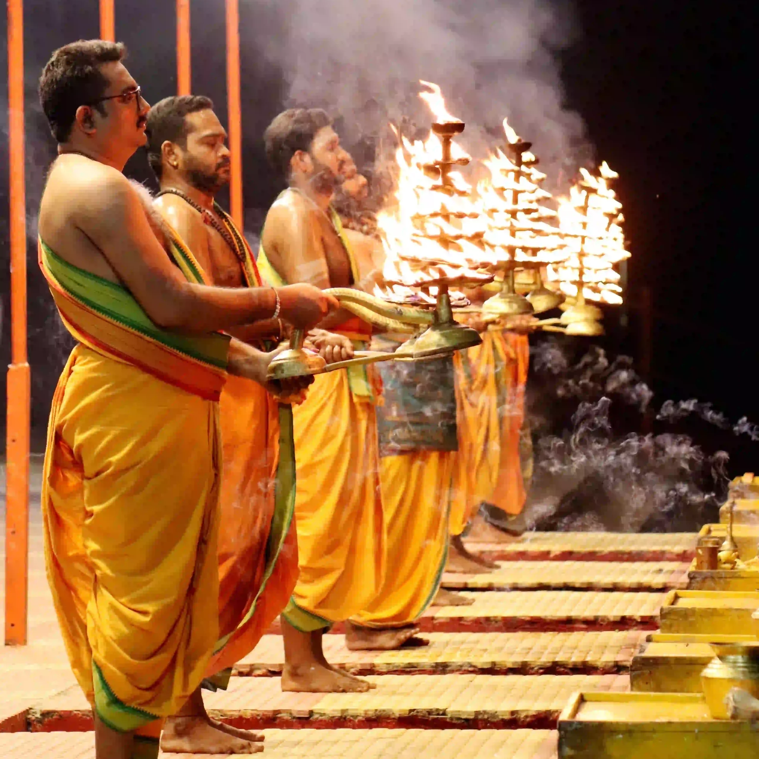 Traditional lamp glowing during a river aarti in India