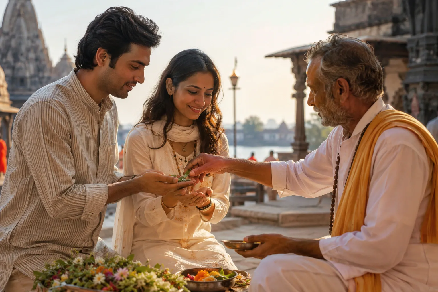 Indian couple sharing a puja experience during an Ujjain Mahakal trip