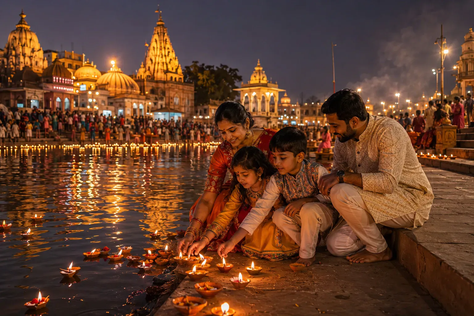Family at Ram Ghat during an Ujjain Mahakal journey