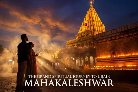 Indian couple looking towards an illuminated Mahakaleshwar temple during their Ujjain relationship bonding trip