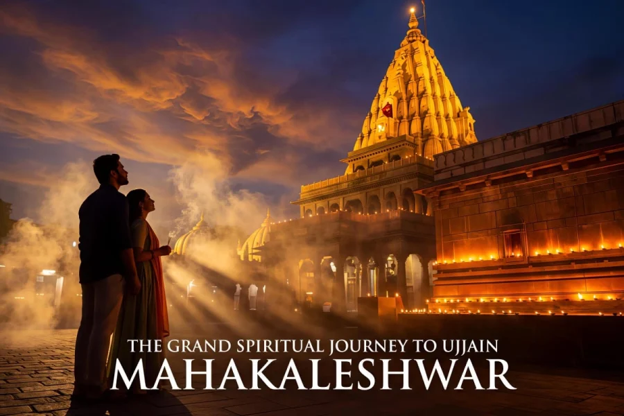 Indian couple looking towards an illuminated Mahakaleshwar temple during their Ujjain relationship bonding trip
