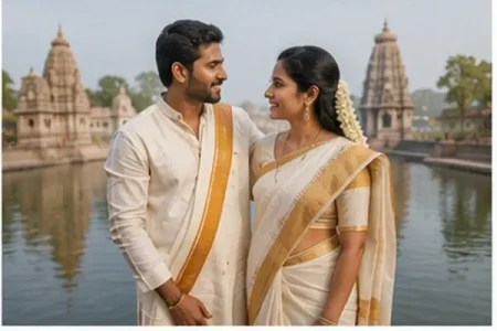 South Indian couple in traditional clothing during a peaceful Ujjain temple journey