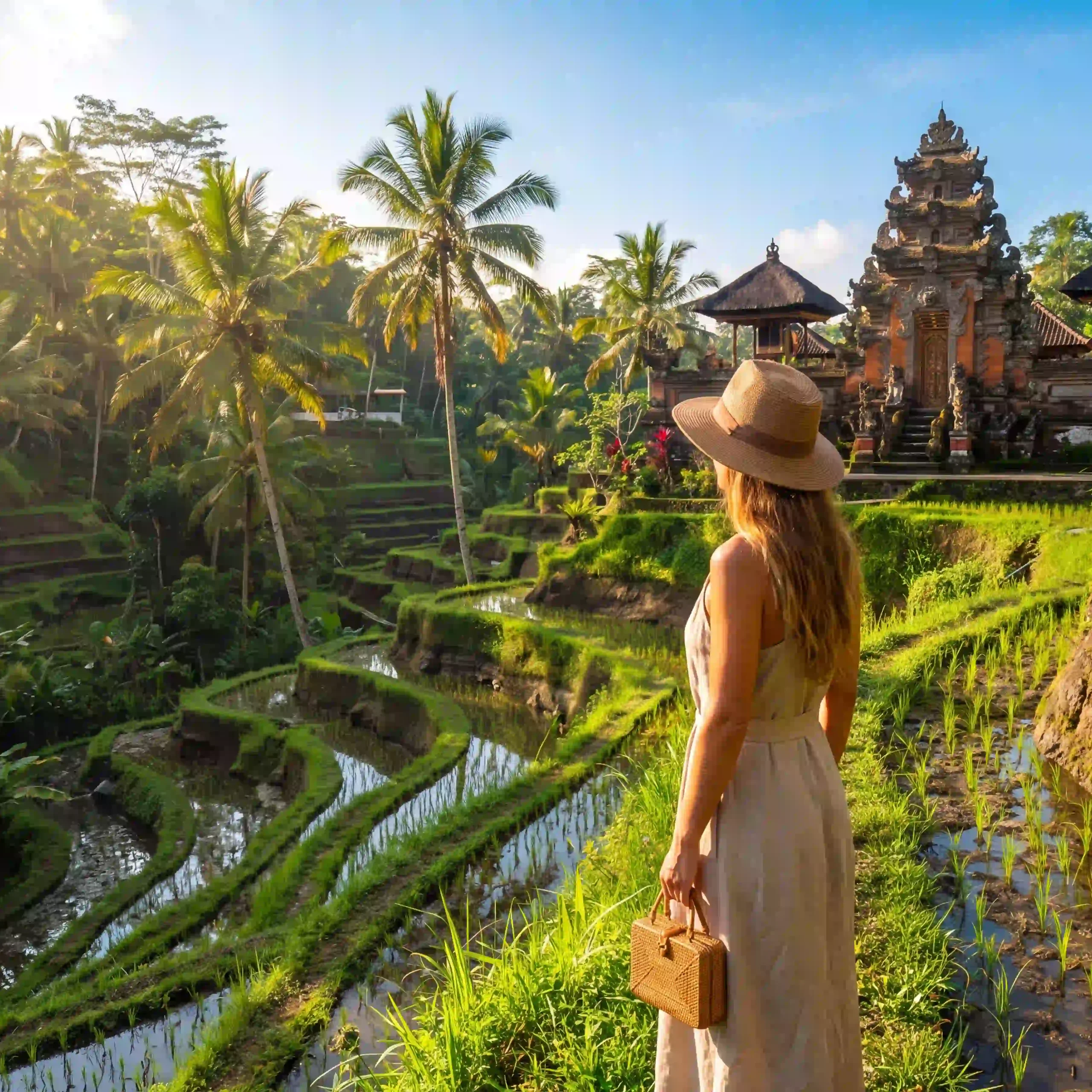 Solo traveller exploring Bali temple and green rice terraces on a 6 nights 7 days Bali Reset Package