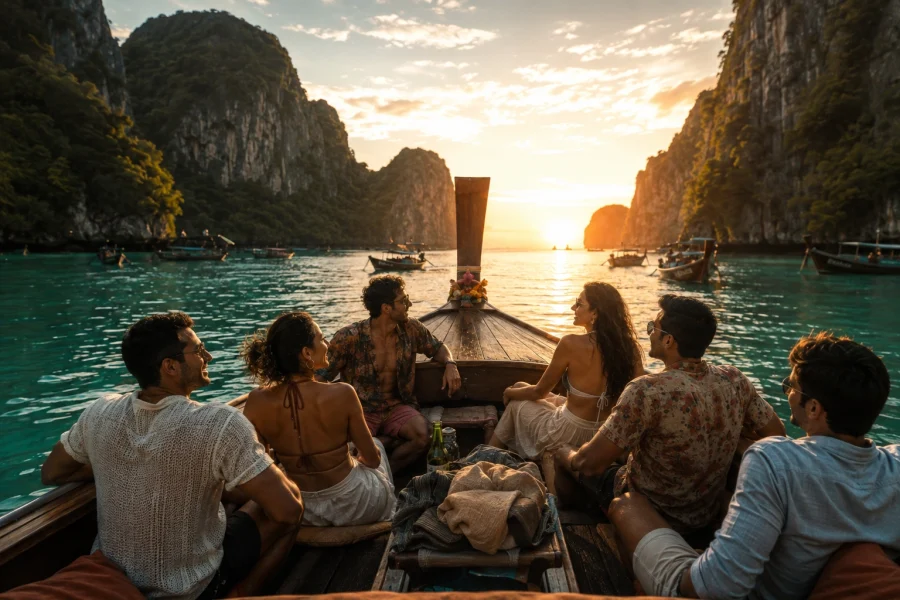 Indian friends enjoying a sunset journey on a traditional long-tail boat between Thailand’s limestone islands