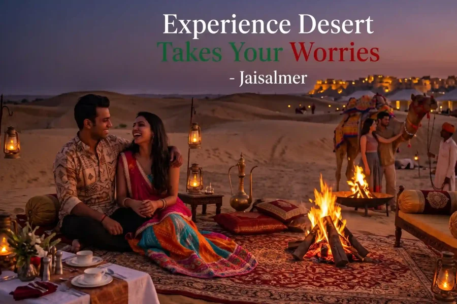 Indian couple enjoying a private bonfire experience at a desert camp in Jaisalmer