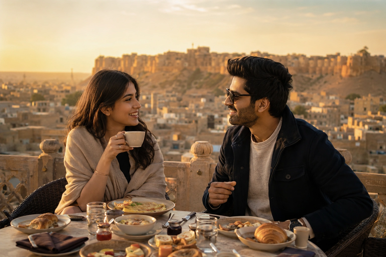 Couple having breakfast on a Jaisalmer rooftop with a fort view during a relaxed desert journey