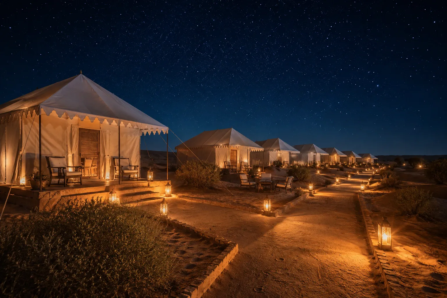 Swiss tent desert camp at Sam Sand Dunes under a starry night