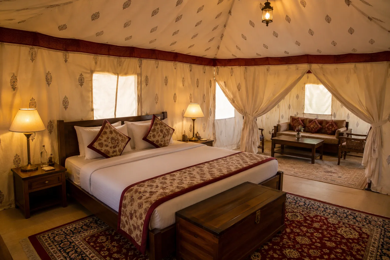Interior of a Swiss tent at a Jaisalmer desert camp