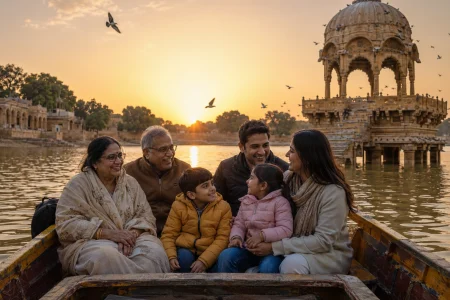 Indian family with grandparents and children enjoying a sunset boat ride at Gadisar Lake in Jaisalmer.