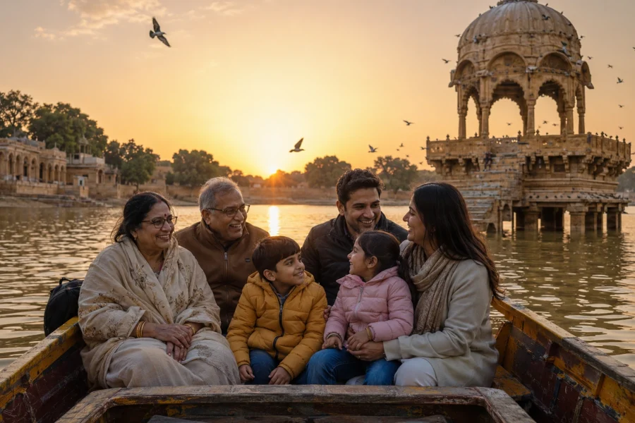 Indian family with grandparents and children enjoying a sunset boat ride at Gadisar Lake in Jaisalmer.
