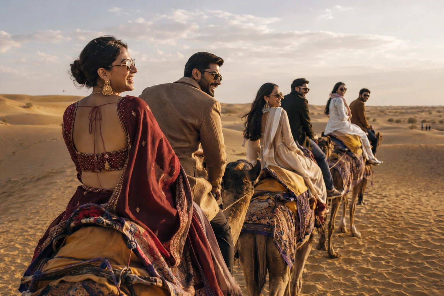 Indian travellers sharing a camel safari experience in Jaisalmer during a group journey