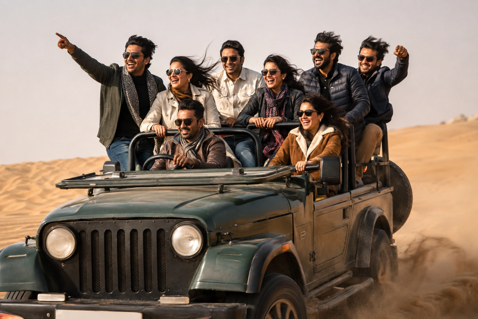Friends enjoying a jeep safari in the Jaisalmer desert