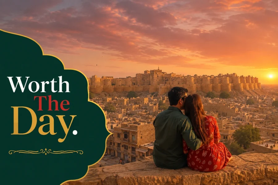 Indian couple overlooking Jaisalmer Fort at sunset during a one day Golden City tour.