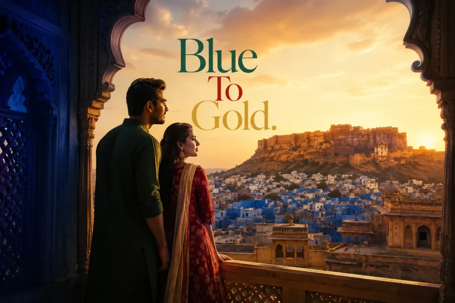 Indian couple overlooking Jodhpur Blue City and Mehrangarh Fort on a Jodhpur Jaisalmer Rajasthan journey.