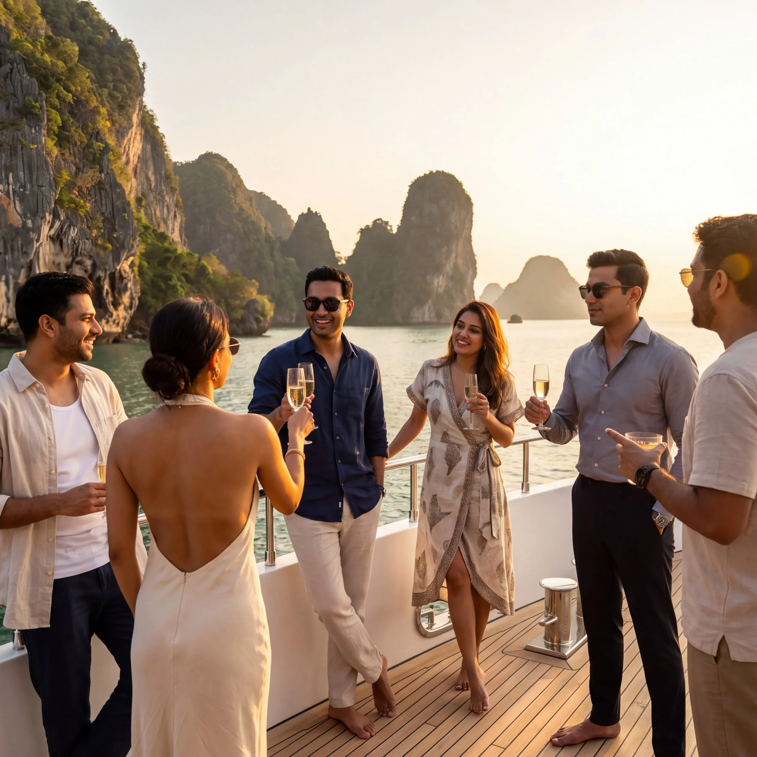Indian friends enjoying an elegant evening together on a private yacht in Thailand