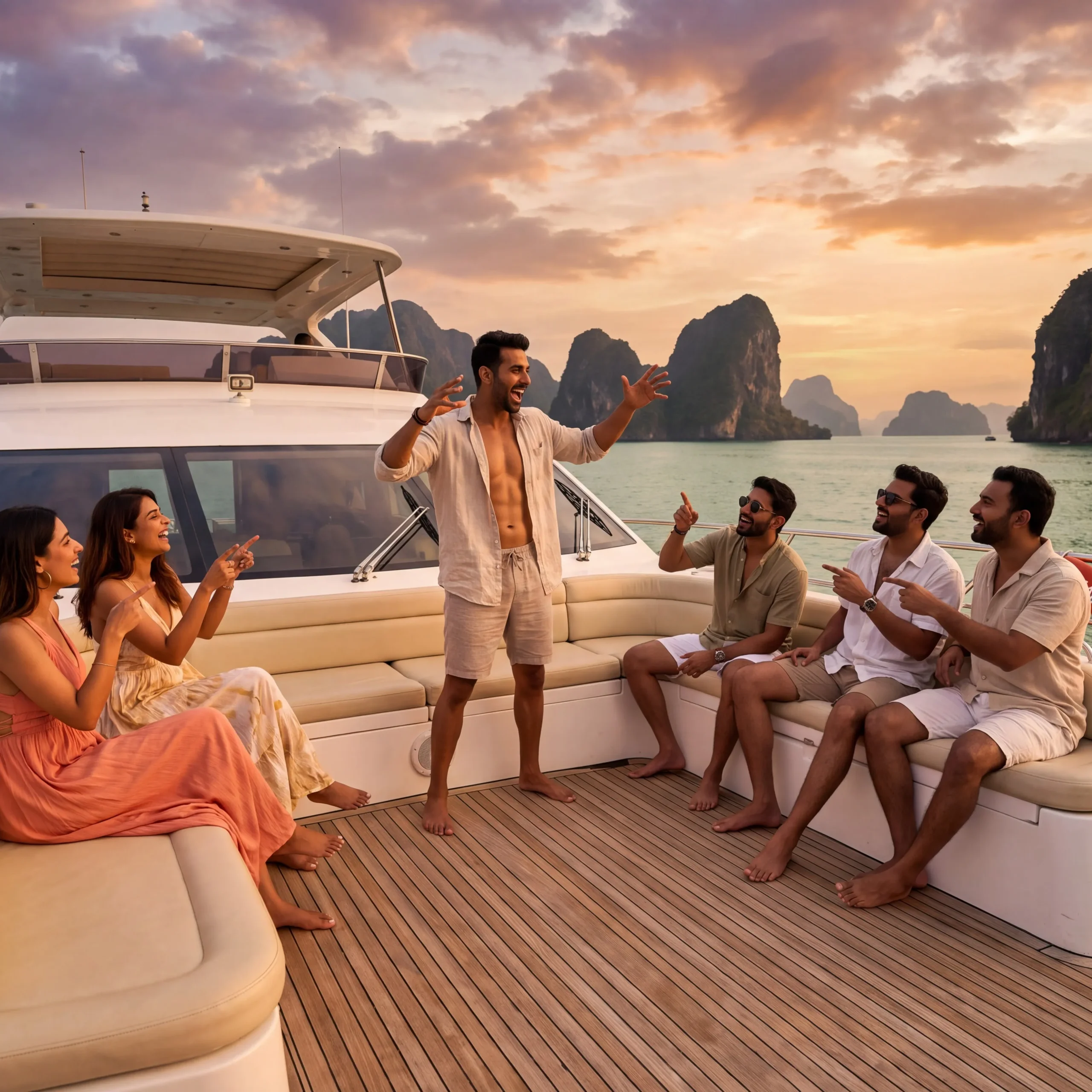 Friends enjoying a premium private yacht journey in Thailand with time to relax together