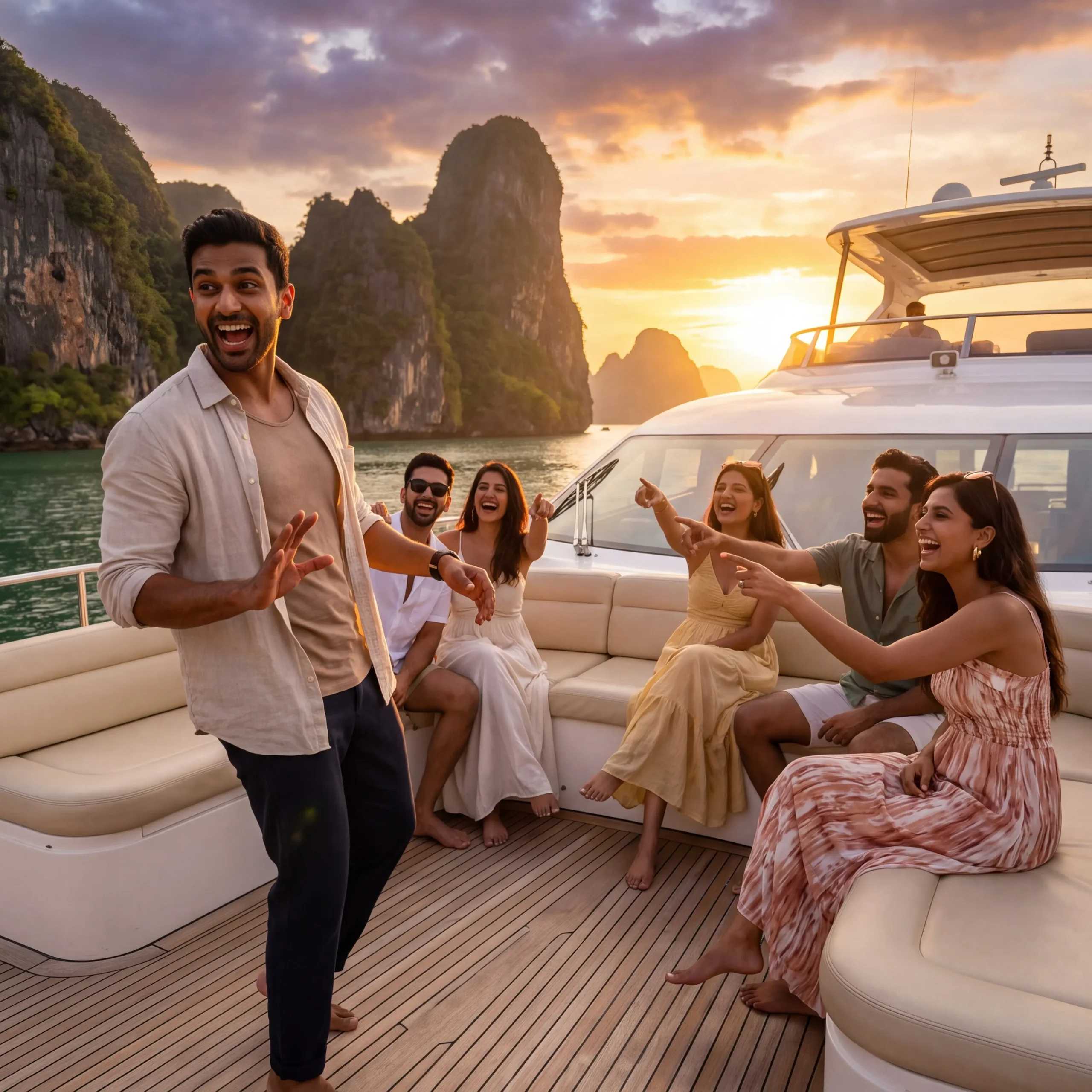 Friends sharing a relaxed moment while playing together on a private Thailand yacht