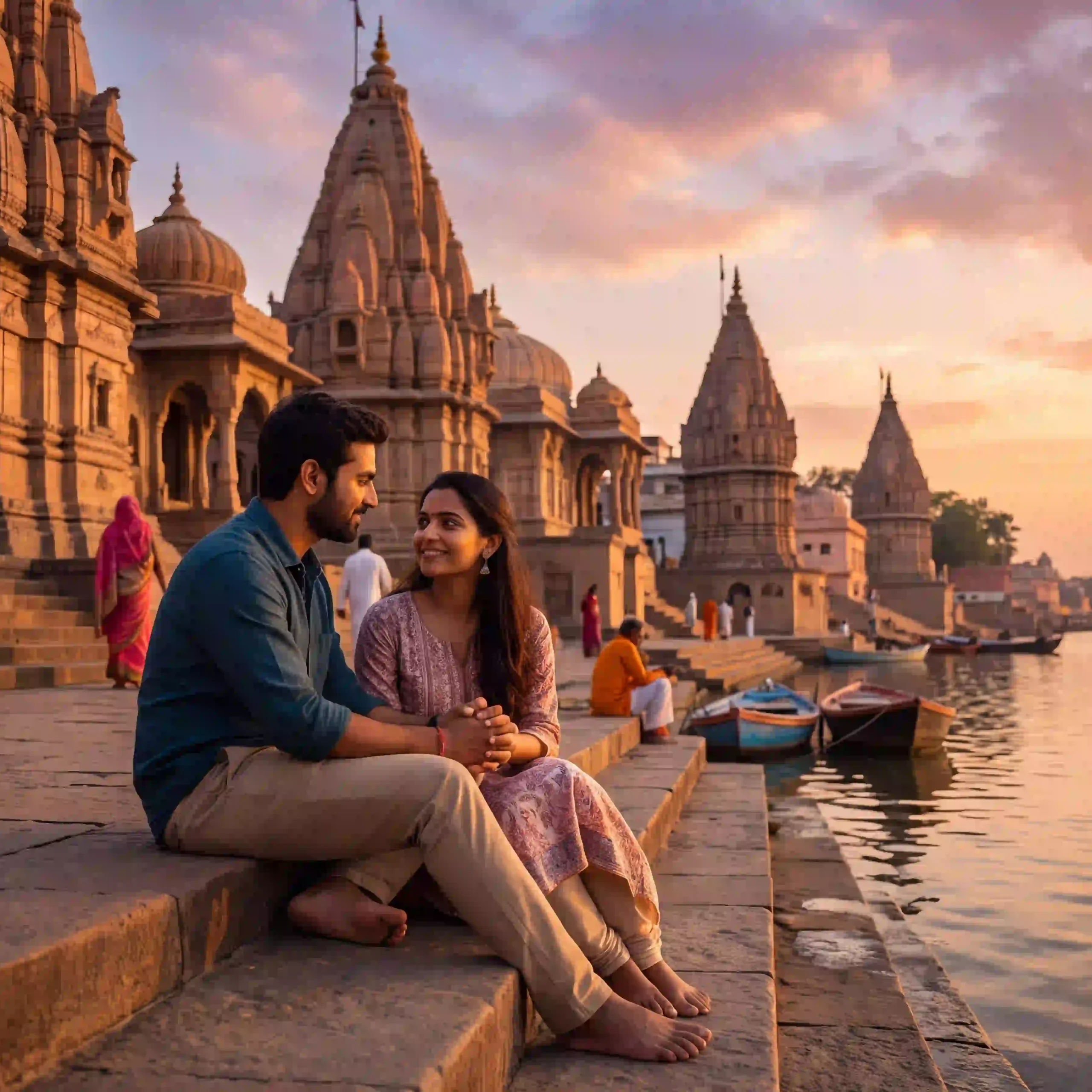Indian couple having a quiet conversation beside a riverside ghat during a shared journey