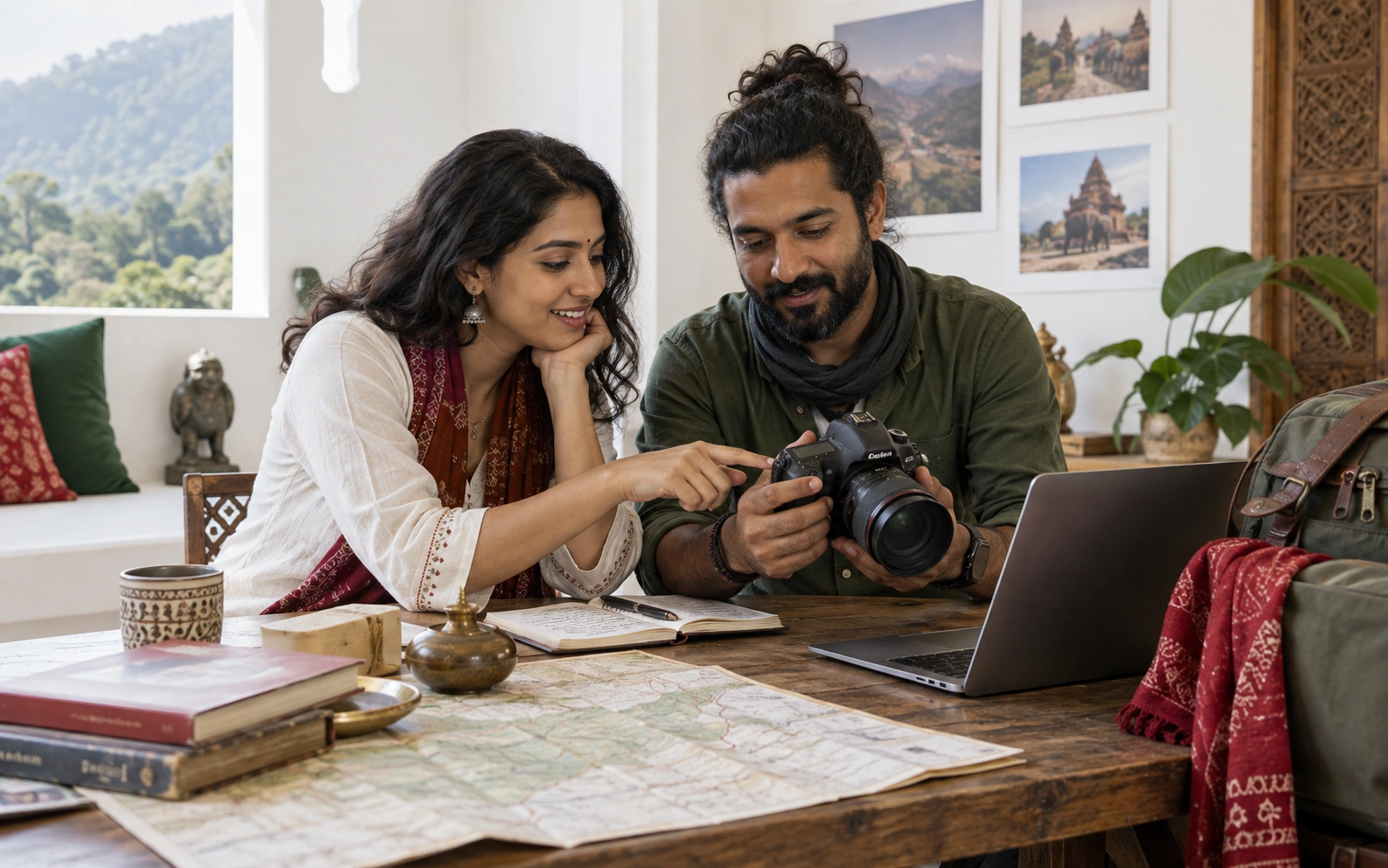 Indian travel team reviewing original journey photographs together beside maps and travel notes