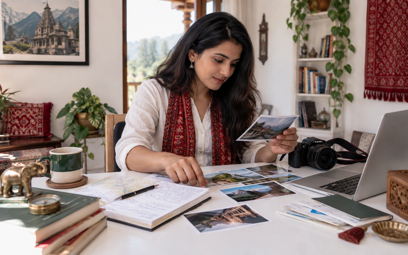 Indian travel reviewer checking journey photographs notes and destination details for Creator Journey verification