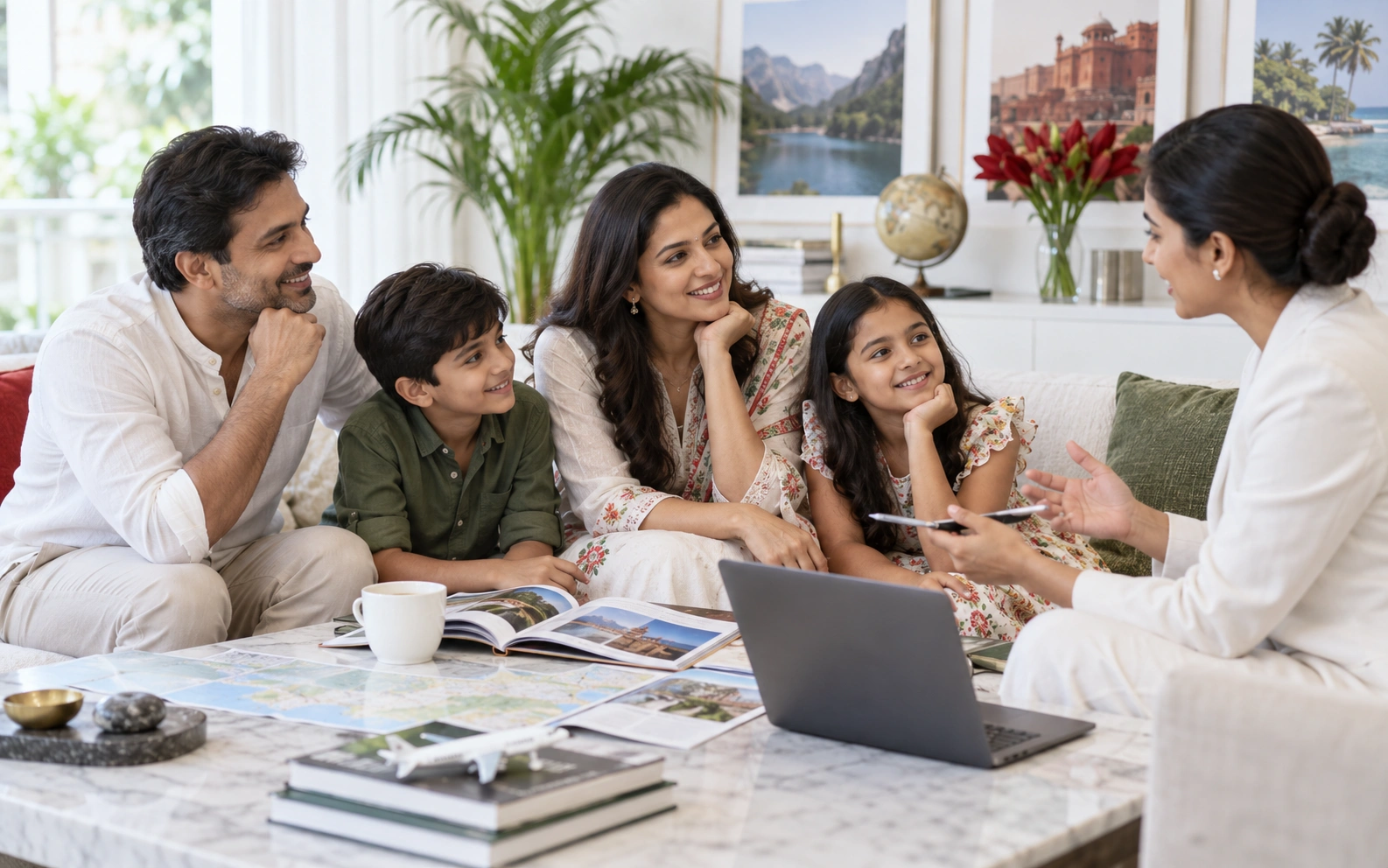 Indian family discussing travel needs comfort and journey priorities with a travel planner