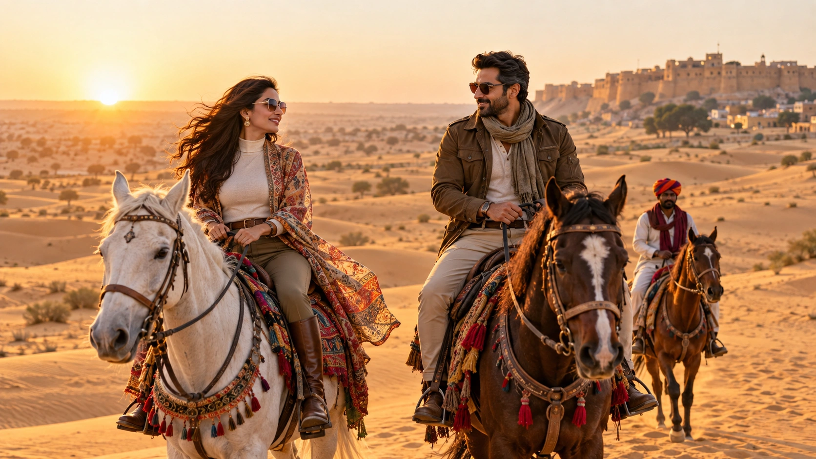 Indian couple horse riding in the Jaisalmer desert at sunset