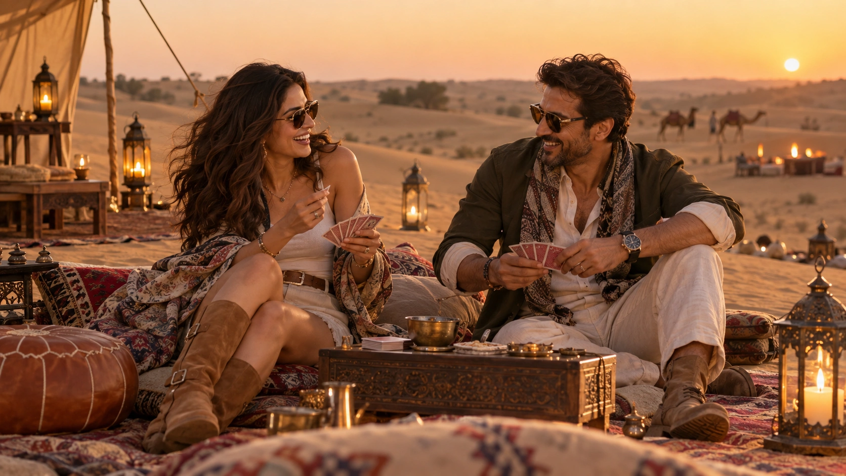 Indian couple laughing over a card game during a relaxed Jaisalmer desert trip