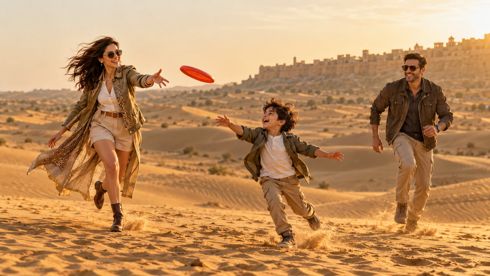 Indian family laughing and playing in the Jaisalmer desert