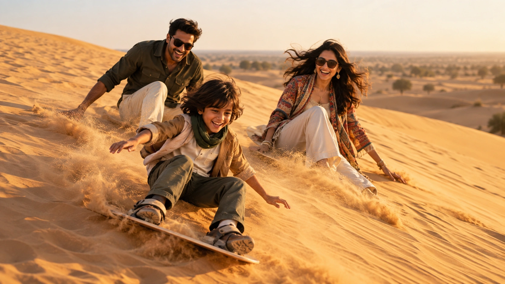 Indian family enjoying sandboarding in Jaisalmer desert during a New Year trip