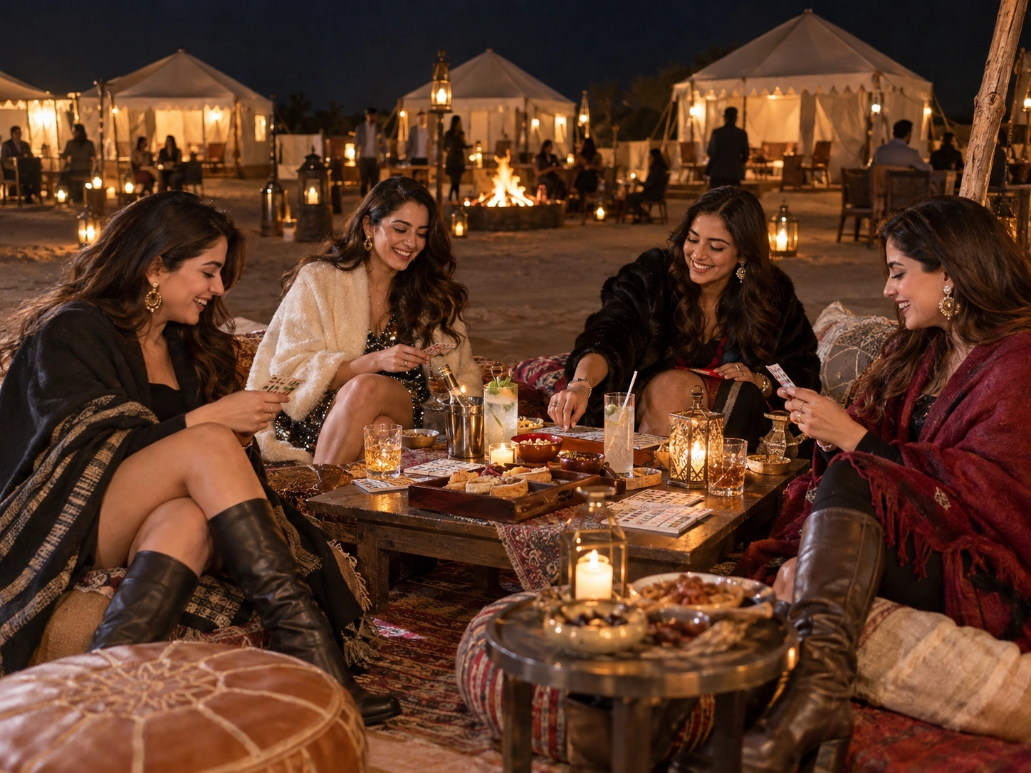 Female friends laughing and playing games during a Jaisalmer desert camp evening