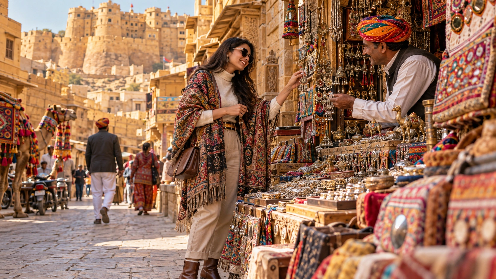 Solo female traveller browsing handicrafts near Jaisalmer Fort