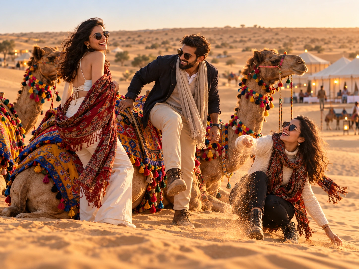 Indian friends laughing together during a camel safari in the Jaisalmer desert