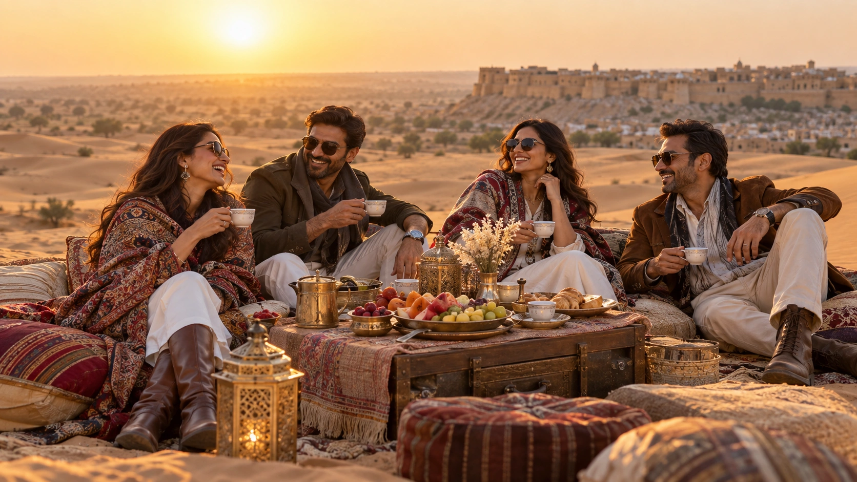 Indian friends sharing tea and conversation in the Jaisalmer desert at sunset