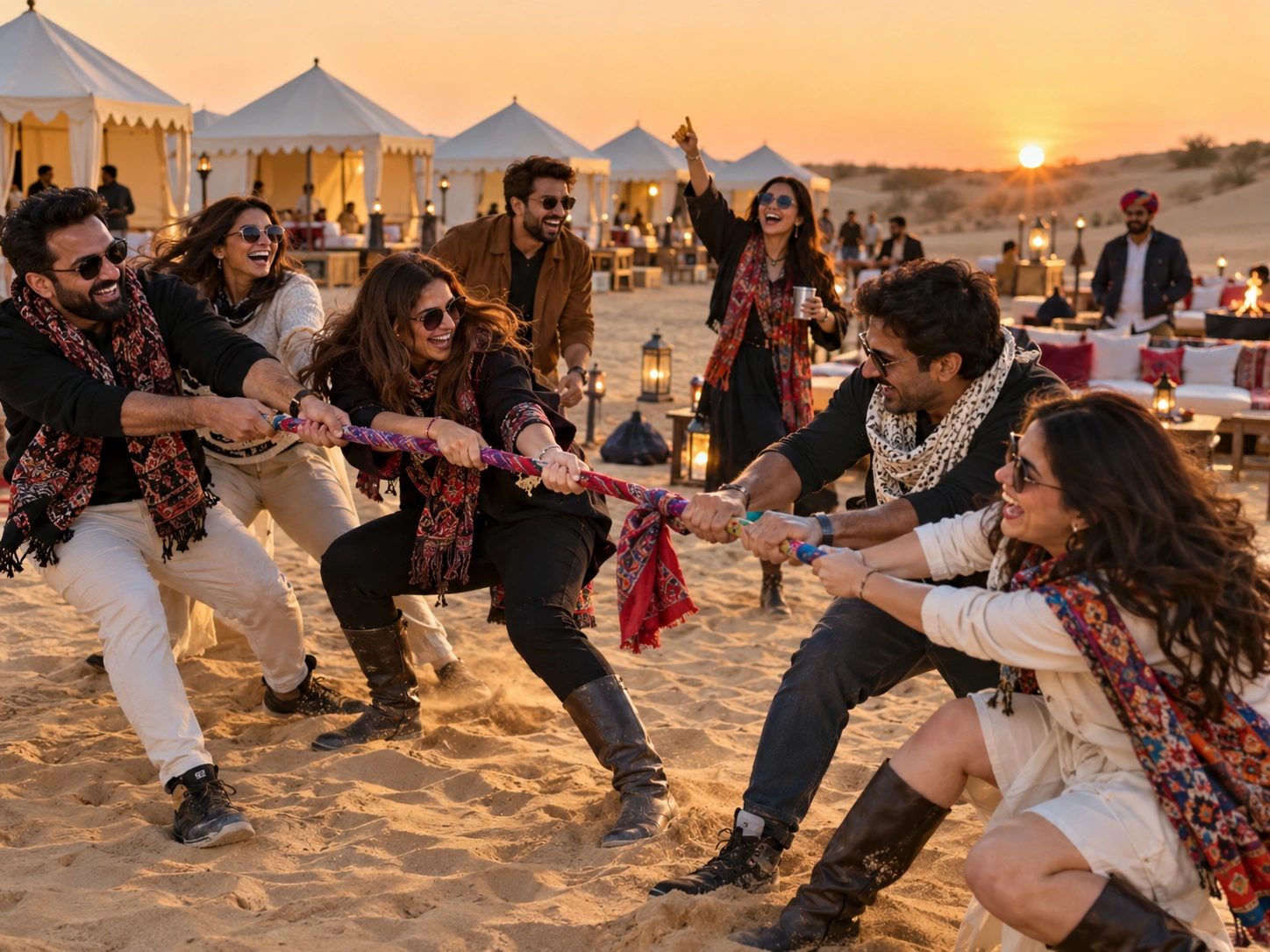 Friends playing group games in the Jaisalmer desert