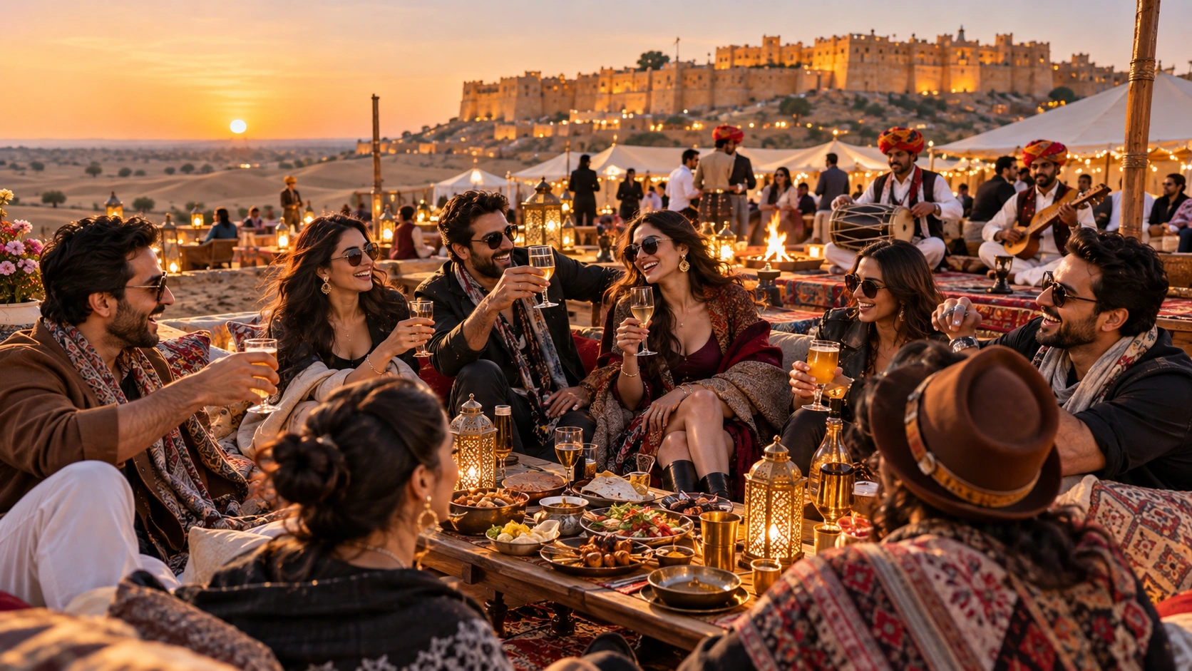 Indian travellers sharing dinner together at a Jaisalmer desert camp during New Year