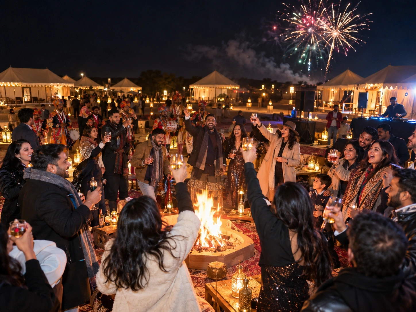 Travellers celebrating New Year around a bonfire in Jaisalmer