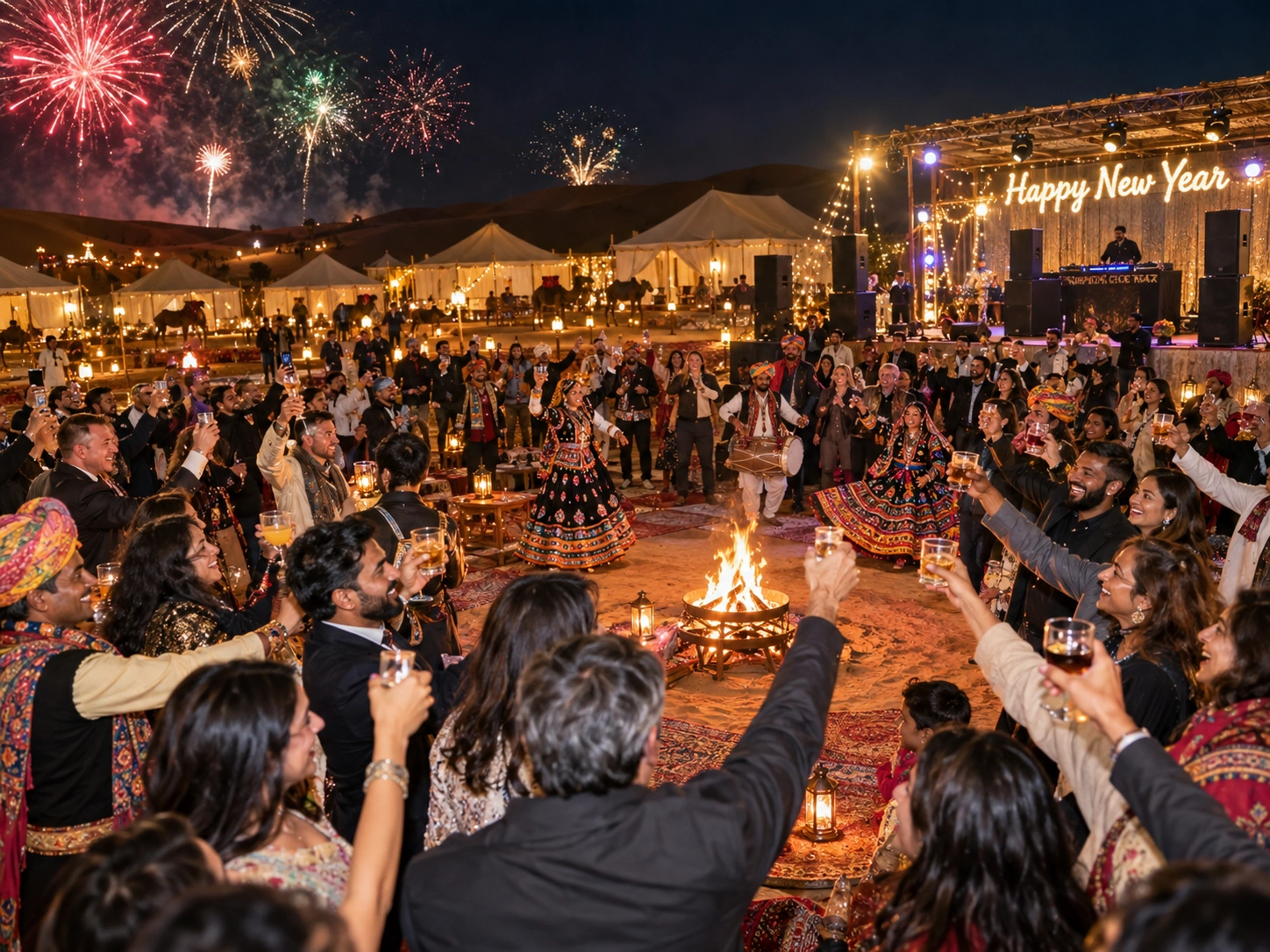 Large group celebrating New Year at midnight at a Jaisalmer desert camp
