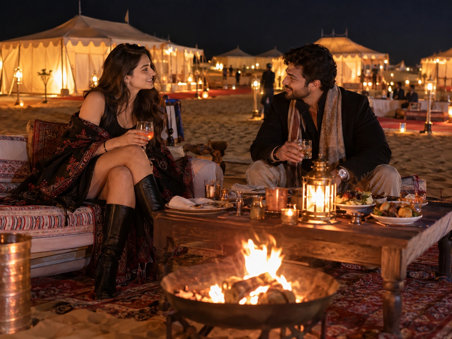 Indian couple relaxing beside a bonfire at a premium Jaisalmer desert camp