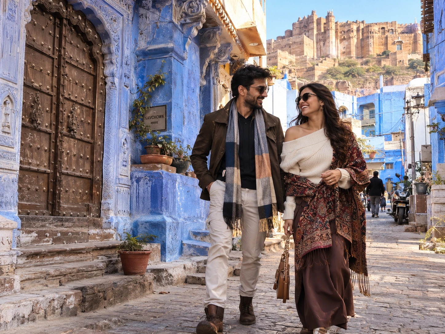 Indian couple walking through the blue lanes of Jodhpur with Mehrangarh Fort above